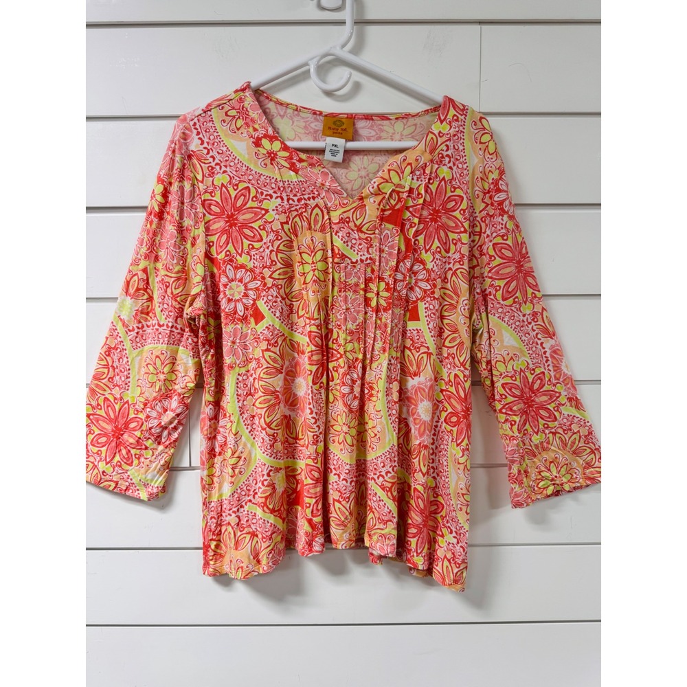 Ruby Rd Petite PXL Floral Medallion Print 3/4 Sleeve Pleated Knit Top Coral Pink - Picture 1 of 6